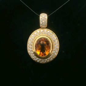 18k Yellow Gold Citrine and 1cttw Diamond Oval Pendant 1.25"