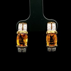 18k Yellow Gold Citrine and Diamond Huggie Earrings