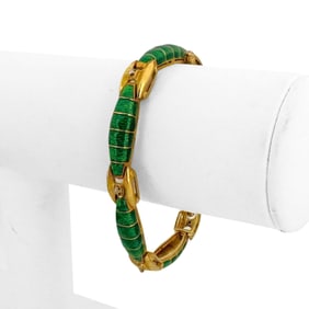 18k Yellow Gold Enamel and Diamond Vintage Link Bracelet Italy 6.5"
