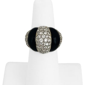 18k Yellow Gold Onyx and 3ct Diamond Bombe Ring Size 5.25