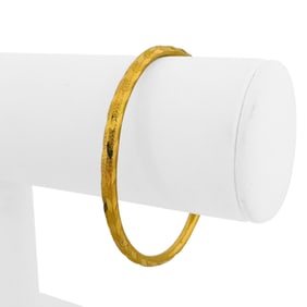 24k Pure Yellow Gold Diamond Cut Textured Hinged Bangle Bracelet 7"