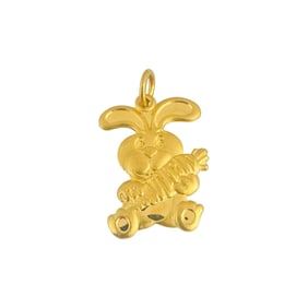 24k Pure Yellow Gold Solid Bunny and Carrot Charm Pendant 1.3"