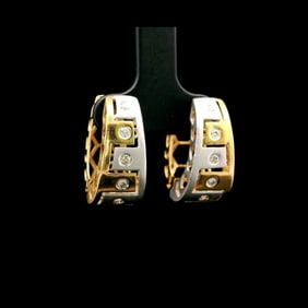 14k Yellow and White Gold and Diamond Two Tone Huggie Earrings