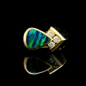 14k Yellow Gold Opal and Diamond Abstract Ring Size 6