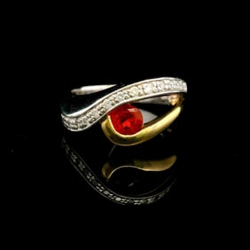 18k Two Tone Gold Spessartite Garnet and Diamond Ring Size 9
