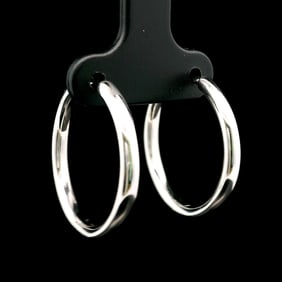 18k White Gold Solid Polished Hoop Earrings 1"