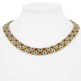 18k Yellow and White Gold Heavy Vintage Square Link Necklace Italy 17"