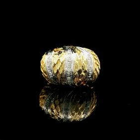 18k Yellow and White Gold Diamond Bombe Ring Size 6.5