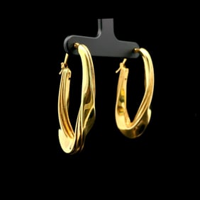 18k Yellow Gold Hollow Abstract Long Oval Hoop Earrings Italy 1.7"