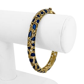 18k Yellow Gold and Blue Enamel Heavy Fancy Bangle Bracelet 7.25"