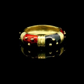 18k Yellow Gold and Enamel Vintage Band Ring Size 6