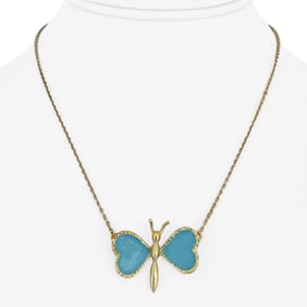 18k Yellow Gold and Enamel Cable Link Butterfly Pendant Necklace 16"