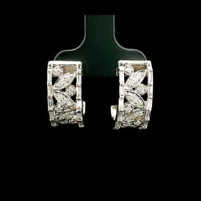 14k White Gold and 1cttw Diamond Vintage Floral Huggie Earrings