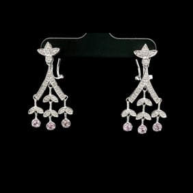 14k White Gold Diamond Pink Sapphire Fancy Drop Dangle Earrings 1.5"