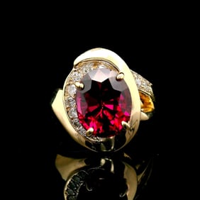 14k Yellow Gold 2.25ct Rubellite Tourmaline and Diamond Ladies Ring Size 5
