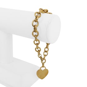 14k Yellow Gold Hollow Cable Link Bracelet with Heart Charm Italy 7.75"