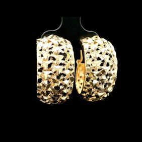 14k Yellow Gold Solid Diamond Cut Vintage Hoop Earrings 1"
