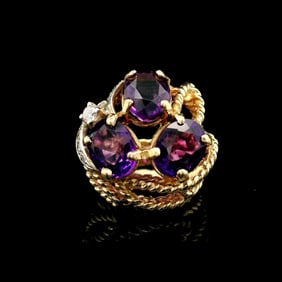14k Yellow Gold Amethyst and Diamond Solid Ladies Ring Size 3.25