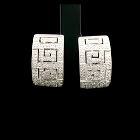 14k Yellow Gold and 0.75cttw Diamond Greek Key Huggie Earrings