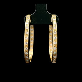 14k Yellow Gold and 1cttw Diamond Oval Hoop Earrings 1.5"
