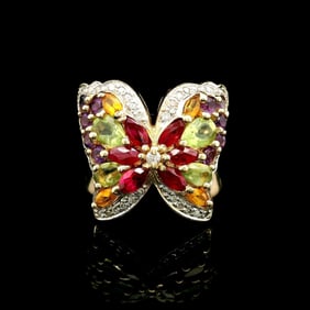 14k Yellow Gold and Multi Gemstone Solid Butterfly Ring Size 6.75