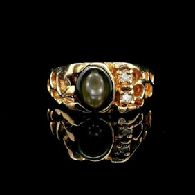 14k Yellow Gold Black Star Sapphire and Diamond Ring Size 9.5