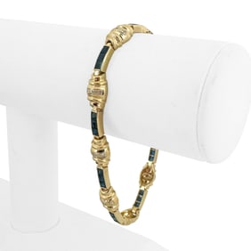 14k Yellow Gold Blue Sapphire and Diamond Link Bracelet 7.75"