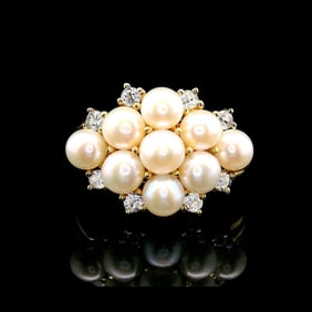 14k Yellow Gold Pearl and 0.40cttw Diamond Cluster Ring Size 9