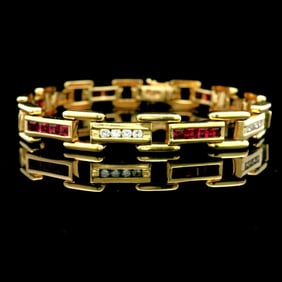 14k Yellow Gold Ruby and Diamond Bar Link Bracelet 7"