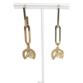 18k Yellow Gold Paperclip Link Horse Drop Dangle Earrings 2.5"