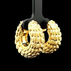 18k Yellow Gold Textured Puffed Hoop Earrings 1"