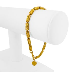 24k Pure Yellow Gold Diamond Cut Barrel Link Heart Charm Bracelet 7.25"