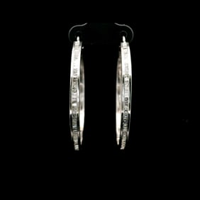 14k White Gold and 1cttw Baguette Diamond Solid Hoop Earrings 1.75"