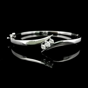 14k White Gold and Diamond Solid Bypass Bangle Bracelet 7"
