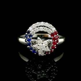 14k White Gold Ruby Sapphire and Diamond Spinner Circle Star Ring Size 9