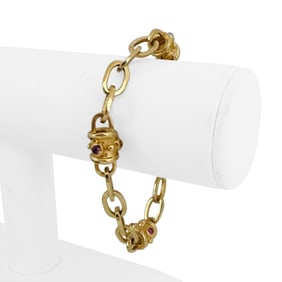 14k Yellow Gold Mulit Gemstone Oval Link Station Toggle Bracelet 7.5"