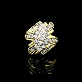 14k Yellow Gold and 1cttw Diamond Vintage Cluster Bypass Ring Size 9