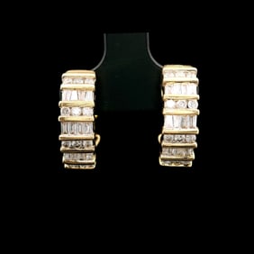 14k Yellow Gold and 1cttw Round and Baguette Diamond Huggie Earrings