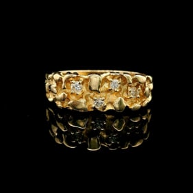 14k Yellow Gold and Diamond Chunky Nugget Ring Size 7
