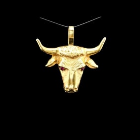 14k Yellow Gold and Ruby Eyes Solid Bull Pendant