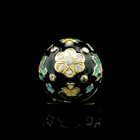 14k Yellow Gold Enamel and Diamond Heavy Bombe Ring Size 4.25