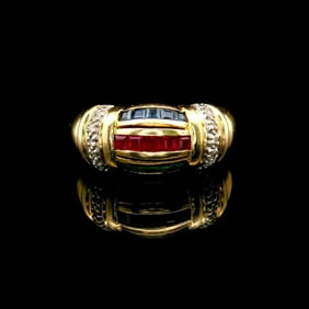 14k Yellow Gold Sapphire Ruby Emerald and Diamond Ring Size 5.75