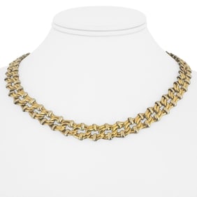 18k Yellow and White Gold Two Tone Fancy Link Necklace Italy 17.5"