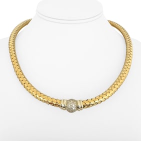 18k Yellow Gold and Diamonds Vintage Woven Station Necklace Italy 18"