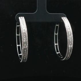 14k White Gold and 1cttw Baguette and Round Cut Diamond Hoop Earrings 1.5"