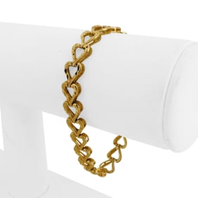 14k Yellow Gold Solid Diamond Cut Heart Link Bracelet 7"