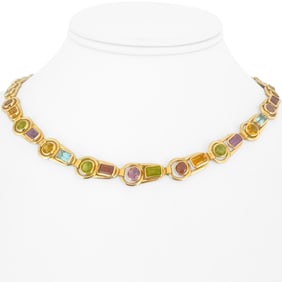 14k Yellow Gold and Multi Gemstone Ladies Fancy Link Necklace 16"