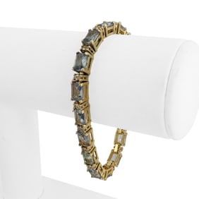 14k Yellow Gold Blue Topaz and Diamond Solid Tennis Bracelet 6.75"