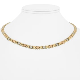 14k Yellow White and Rose Gold Hugs and Kisses XO Link Necklace 17"