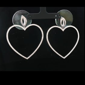 18k White Gold and 2cttw Diamond Large Heart Drop Dangle Earrings 2.25"